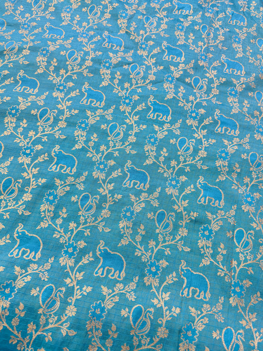 Premium Silk Brocade Banarasi Fabric with Elephant & Floral Motifs sky blue  44INCH WIDTH
