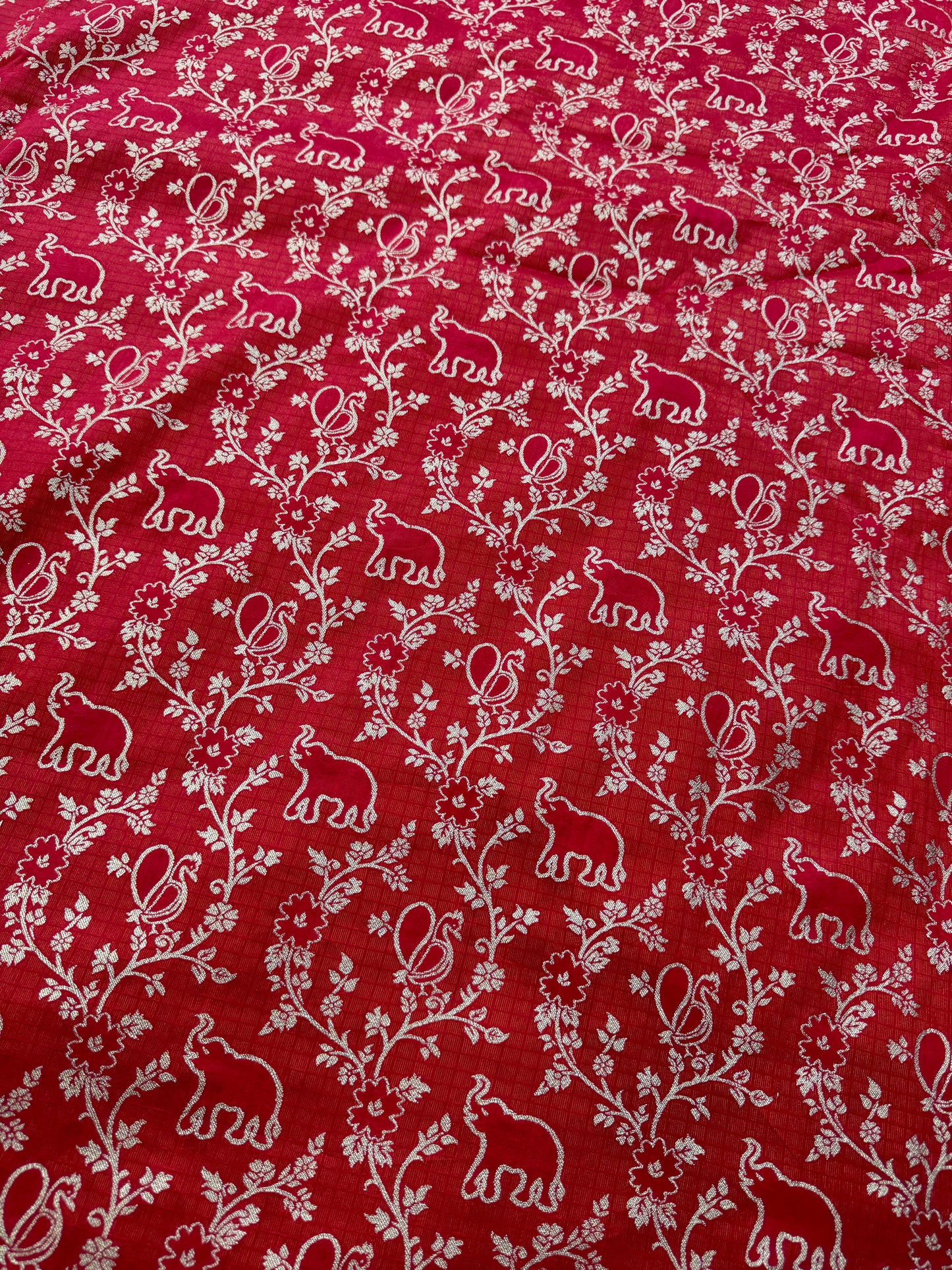 Premium Red Silk Brocade Banarasi Fabric with Elephant & Floral Motifs 44INCH WIDTH