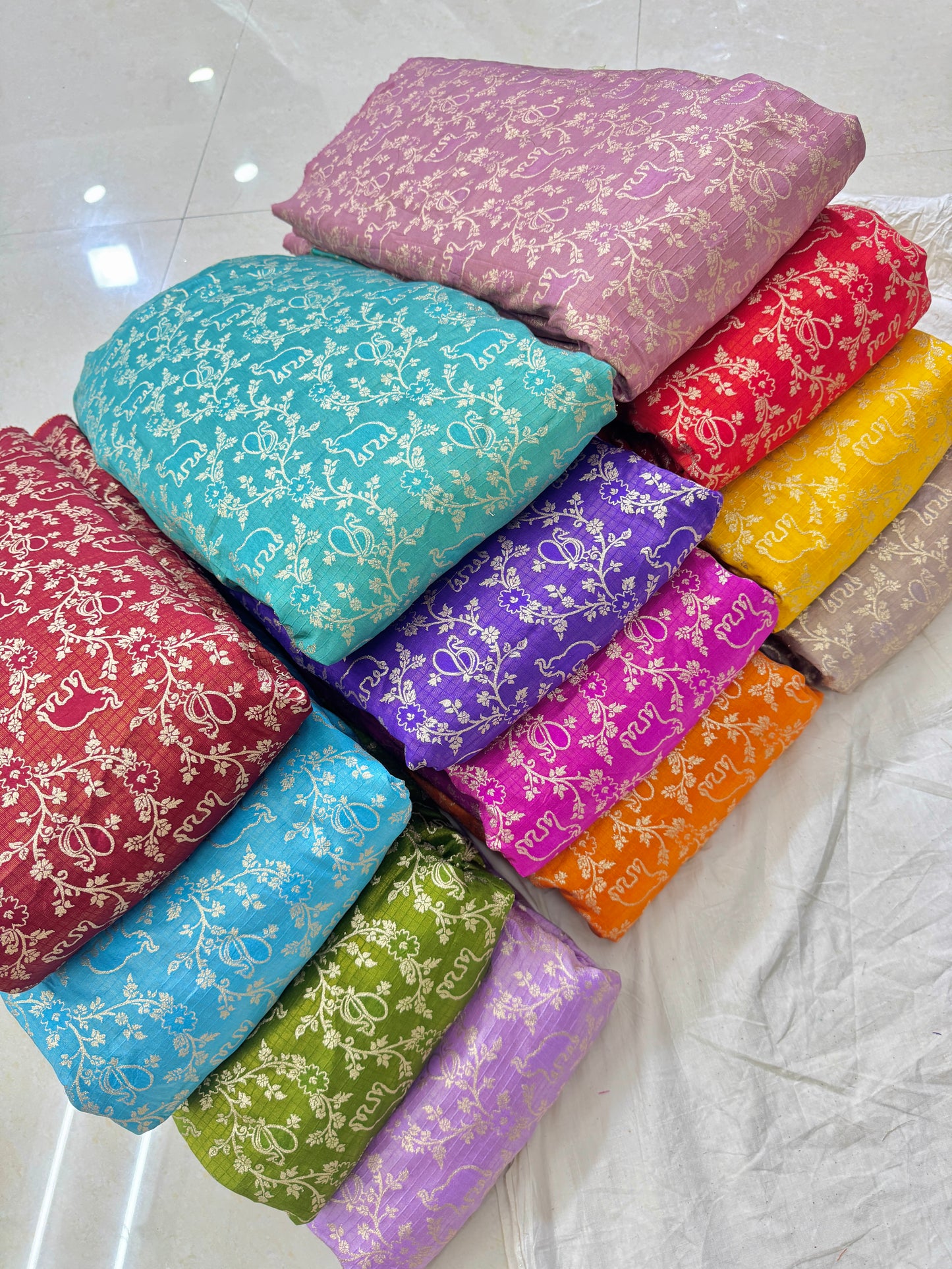 Premium Red Silk Brocade Banarasi Fabric with Elephant & Floral Motifs 44INCH WIDTH