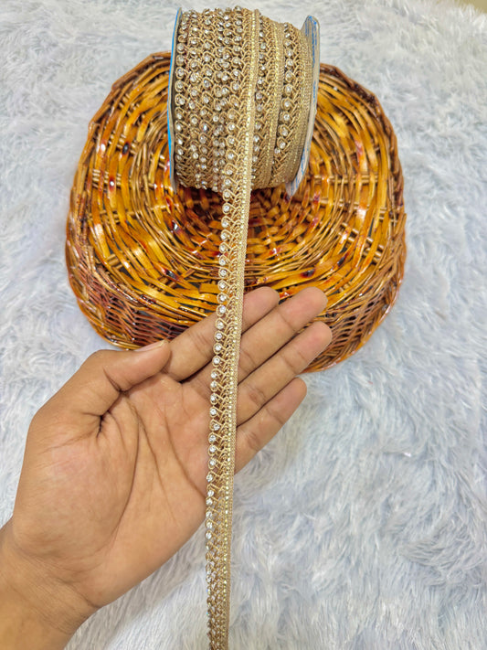 ✨ Premium Golden Stone Lace Trim – 9 Meters Roll ✨