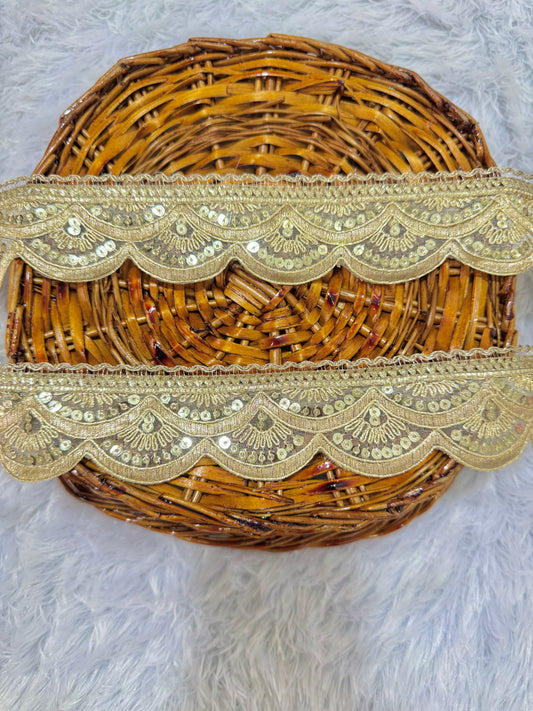 ✨ Golden Zari Embroidered cut work Sequin Lace – 9 Meter Roll ✨