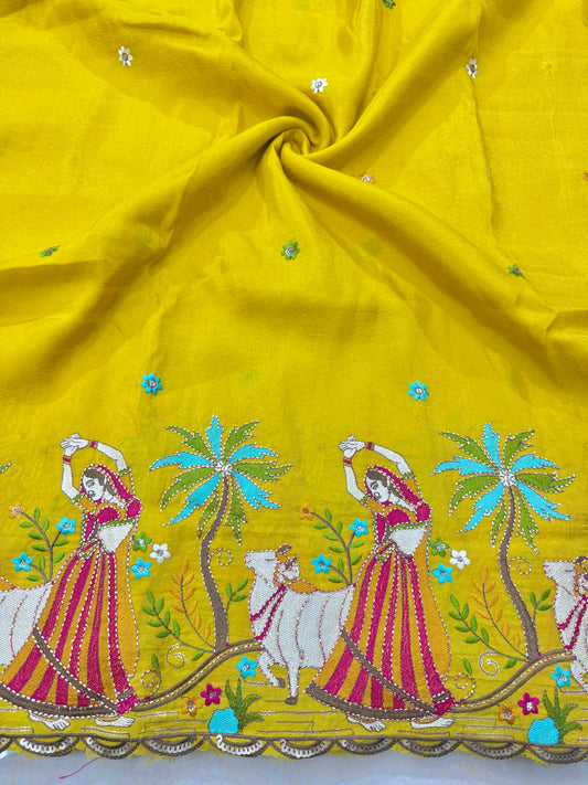 Viscose Tissue Embroidered Fabric – Dancing Lady & Cow Motif (44” Width) YELLOW