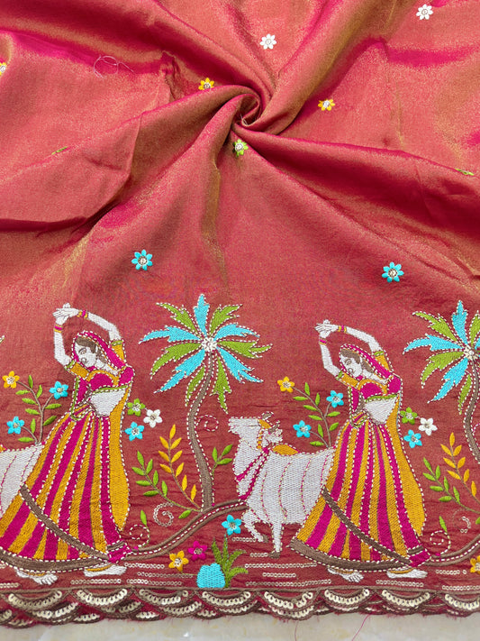 Viscose Tissue Embroidered Fabric – Dancing Lady & Cow Motif (44” Width)