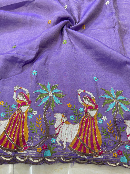 Viscose Tissue Embroidered Fabric – Dancing Lady & Cow Motif (44” Width) dark lavender
