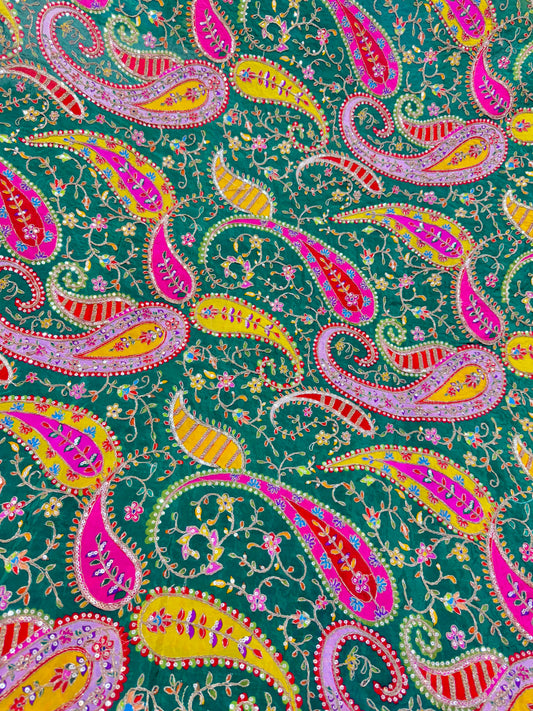 pure viscouse  natural crape luxury embroidery 44inch width GREEN