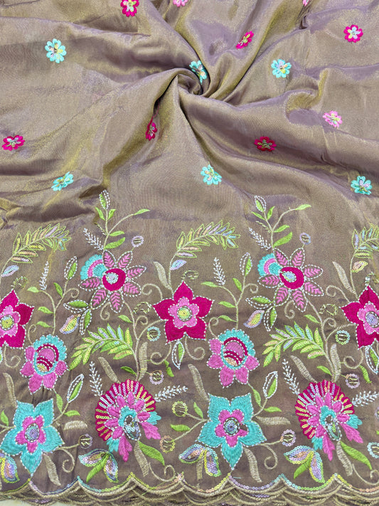 BEAUTIFUL 😍PURE VICOUSE TISSUE MULTI FLOWER 🧵 EMBROIDERY WITH 🌺CUTWORK BORDER 44INCH WIDTH
