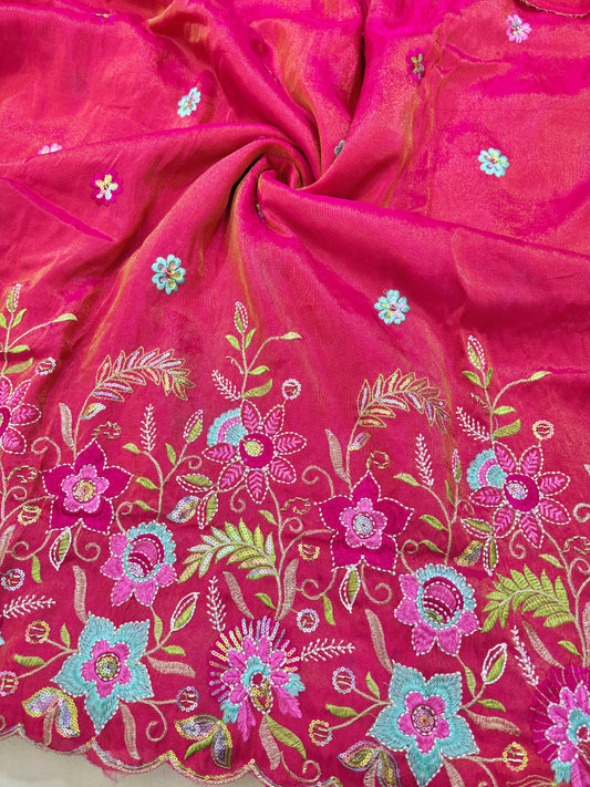 BEAUTIFUL PINK 😍PURE VICOUSE TISSUE MULTI FLOWER 🧵 EMBROIDERY WITH 🌺CUTWORK BORDER 44INCH WIDTH