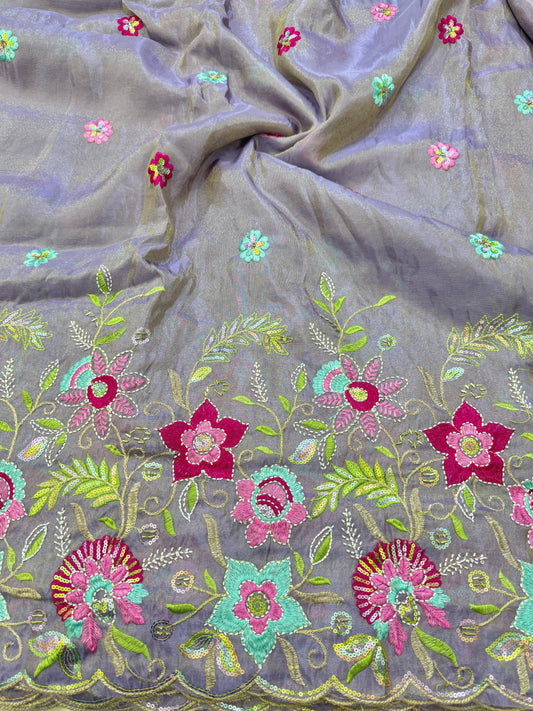 BEAUTIFUL  LAVENDER 😍PURE VICOUSE TISSUE MULTI FLOWER 🧵 EMBROIDERY WITH 🌺CUTWORK BORDER 44INCH WIDTH