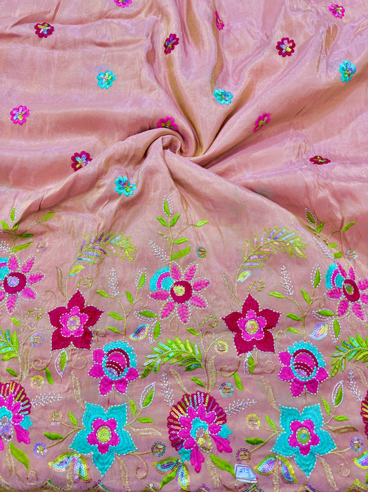 BEAUTIFUL PEACH 😍PURE VICOUSE TISSUE MULTI FLOWER 🧵 EMBROIDERY WITH 🌺CUTWORK BORDER 44INCH WIDTH