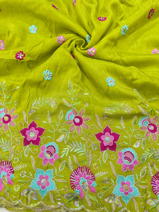 BEAUTIFUL 😍PURE VICOUSE TISSUE MULTI FLOWER 🧵 EMBROIDERY WITH 🌺CUTWORK BORDER 44INCH WIDTH