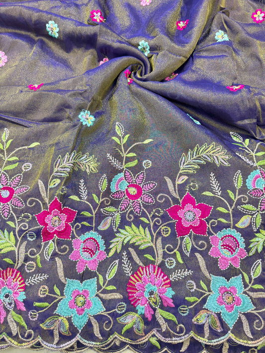 BEAUTIFUL 😍PURE VICOUSE TISSUE MULTI FLOWER 🧵 EMBROIDERY WITH 🌺CUTWORK BORDER 44INCH WIDTH