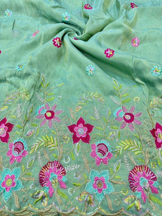 BEAUTIFUL 😍PURE VICOUSE TISSUE MULTI FLOWER 🧵 EMBROIDERY WITH 🌺CUTWORK BORDER 44INCH WIDTH