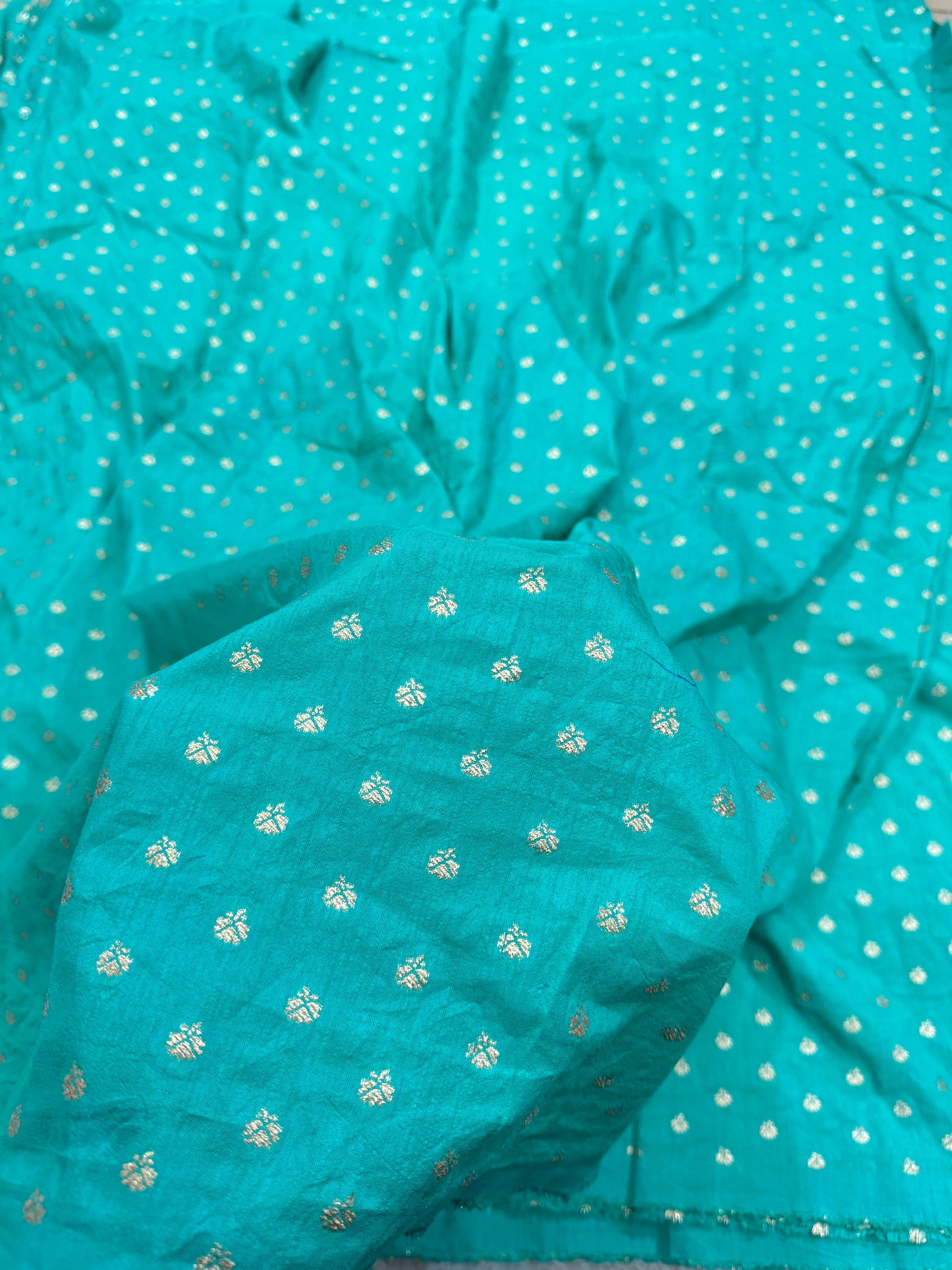 Golden Buti Work on SKY BLUE  Fabric – Festive Wear Material 44WIDTH