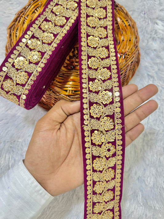 Luxury  🌸 flower Desing velvet fabrics with sequins work for lehanga dress blouse and etc pack of 9 meter megenta purple lace border lehanga blouse dress and etc