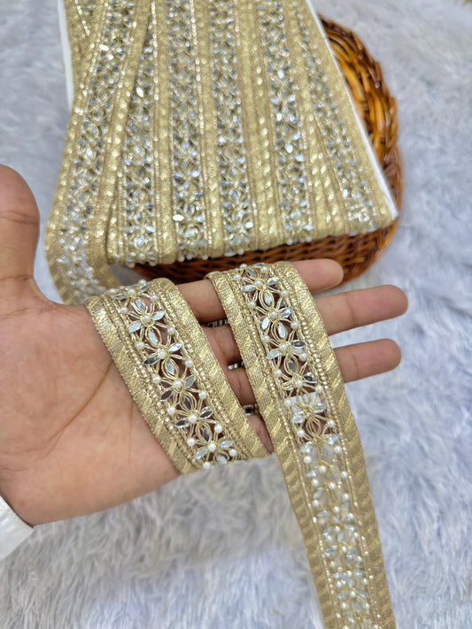 Real Mirror Lace Border – 9 Meters, 2-Inch Handcrafted Decorative Trim for Sarees, Lehengas & Dupattas - Light Gold