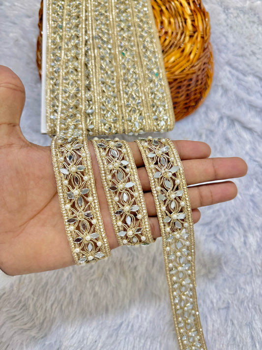 Cutwork Real Mirror Lace Border – 9 Meters, 1.5-Inch Handcrafted Decorative Trim for Sarees, Lehengas & Dupattas - Light Gold