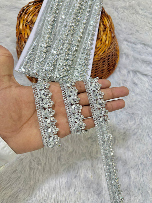 cuwork real mirror with stone  lace border -9 meter ,2inch handcrafted decorative trim for sare ,lehengas and duppats silver