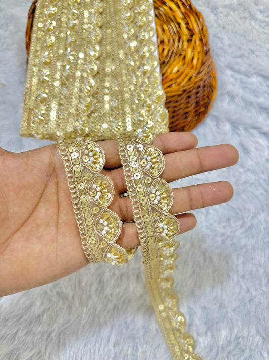 Handcrafted Cutdana &  Lace Border on ORGANZA Fabric – 9 Meters, 1-Inch Embellished Trim for Sarees & Lehengas GOLDEN