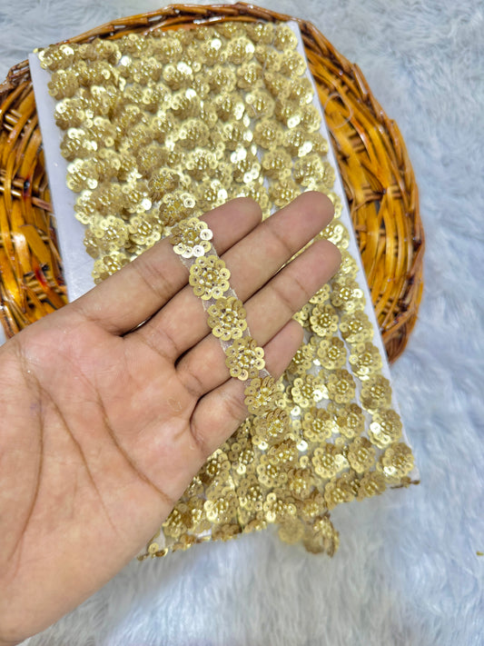 Handcrafted Cutdana &  Lace Border on ORGANZA Fabric – 9 Meters, 1-Inch Embellished Trim for Sarees & Lehengas |GOLDEN