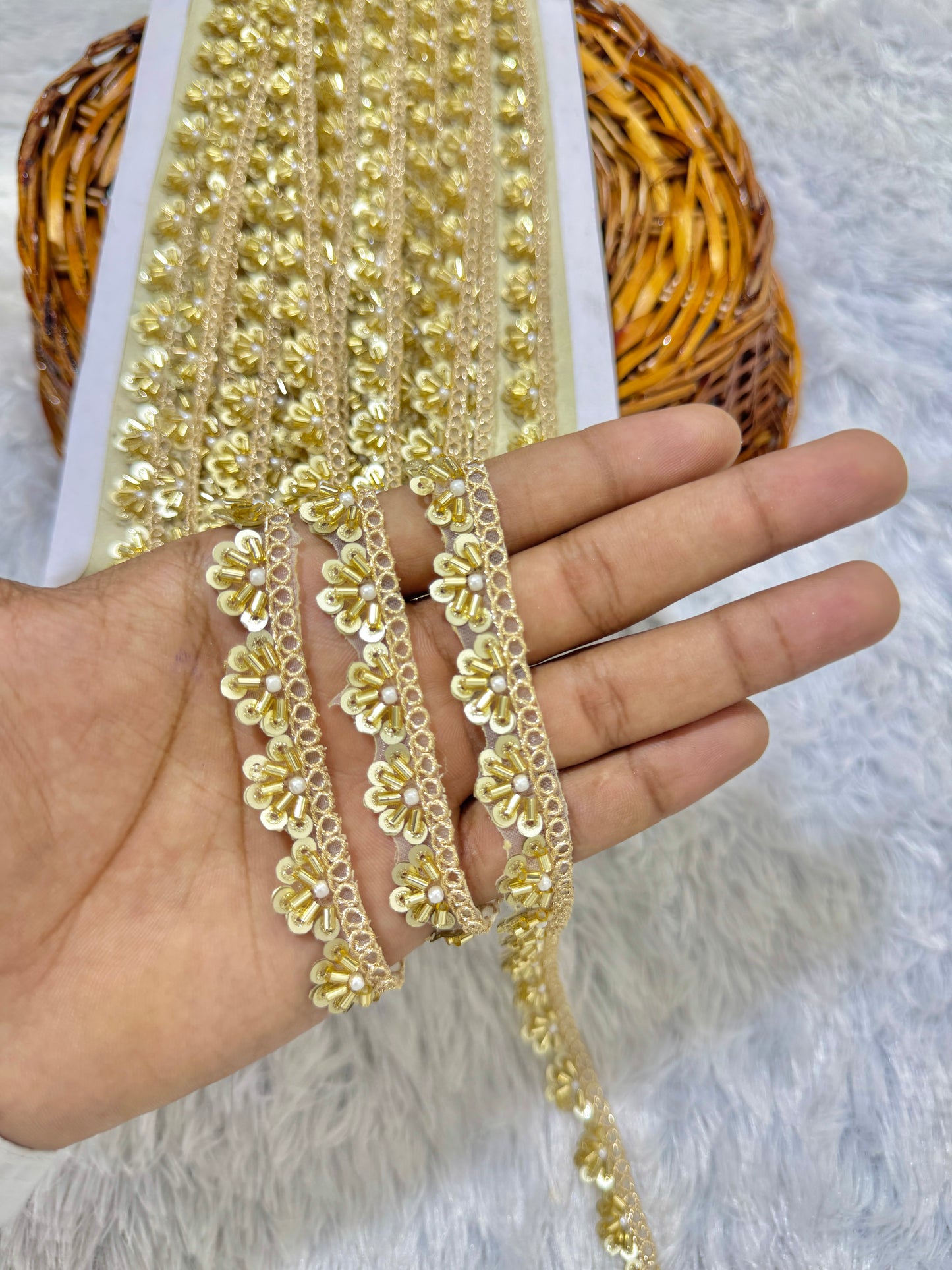 Handcrafted Cutdana & PULSE  Lace Border on Net Fabric – 9 Meters, 1-Inch Embellished Trim for Sarees & Lehengas | GOLDEN