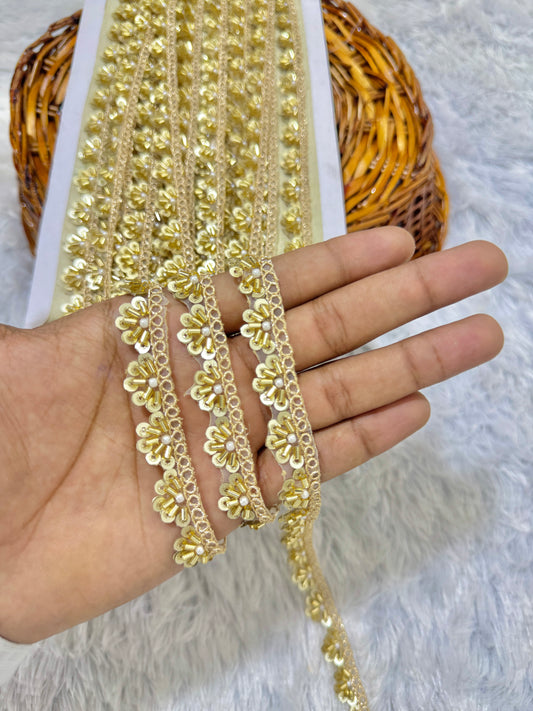 Handcrafted Cutdana & PULSE  Lace Border on Net Fabric – 9 Meters, 1-Inch Embellished Trim for Sarees & Lehengas | GOLDEN