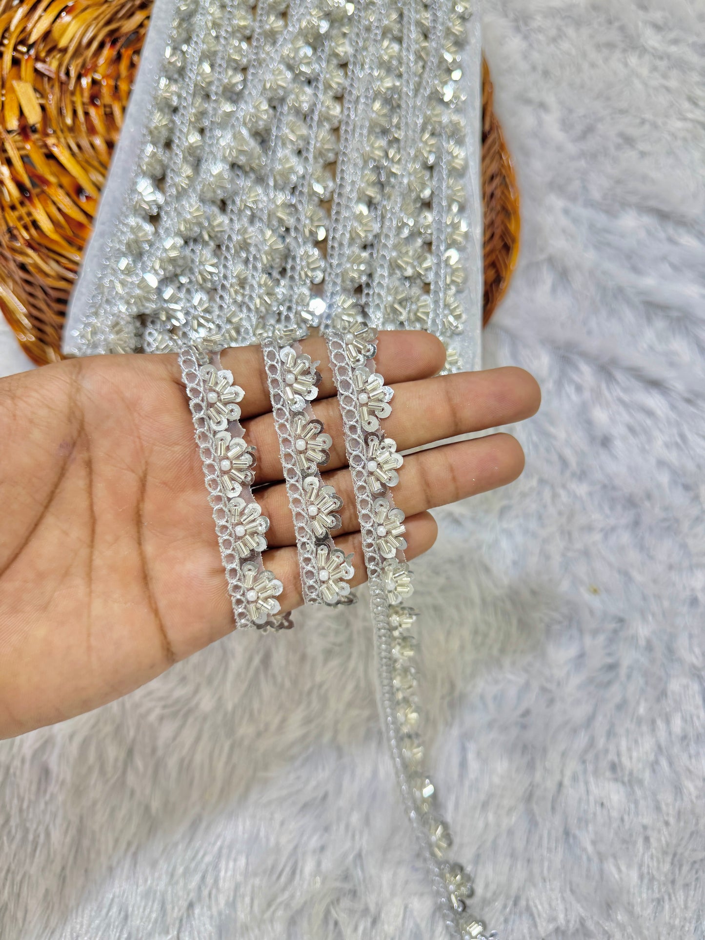 Handcrafted Cutdana & Diamond Lace Border on Net Fabric – 9 Meters, 1-Inch Embellished Trim for Sarees & Lehengas |SILVER