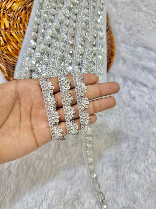 Handcrafted Cutdana & Diamond Lace Border on Net Fabric – 9 Meters, 1-Inch Embellished Trim for Sarees & Lehengas |SILVER