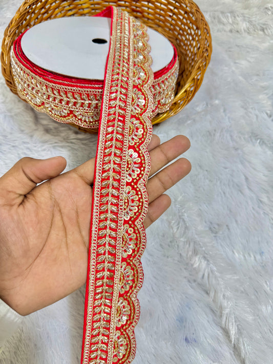 hand made cutdana lace border - peremium quality intricate embellishments for saare , lehengas bridal couture and luxury home decor  red pack of 9 meter