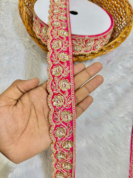 hand made cutdana lace border - peremium quality intricate embellishments for saare , lehengas bridal couture and luxury home decor  pink