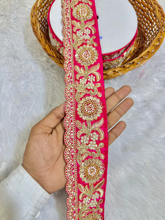 hand made cutdana lace border - peremium quality intricate embellishments for saare , lehengas bridal couture and luxury home decor pink pack of 9 meter