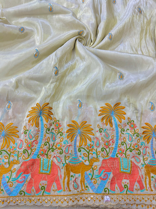 😍Pure viscouse tissu embroidery border 💕with elephant 🐘desing lehanga,Sari,blouse , dress  45-inch width