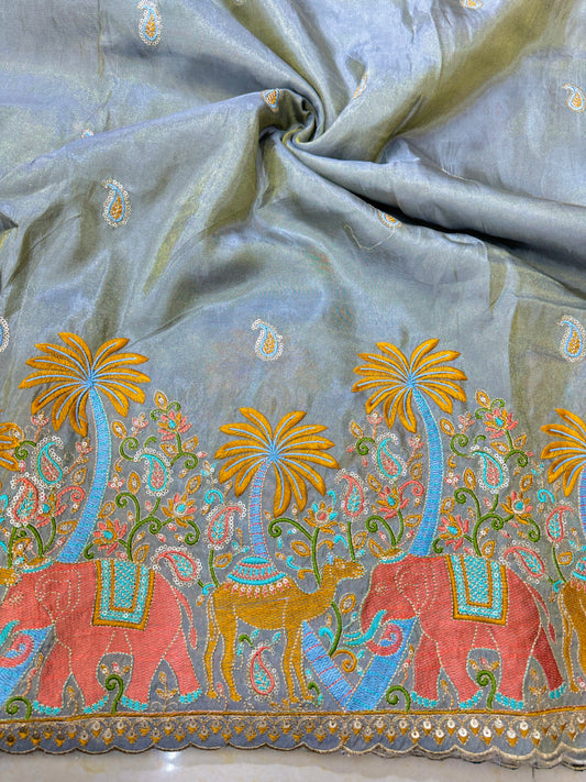 😍Pure viscouse tissu embroidery border 💕with elephant 🐘desing lehanga,Sari,blouse , dress  45-inch width