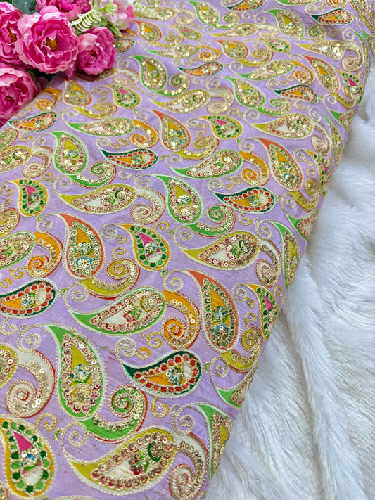 👗LUXURY NATURAL CRAPE  FLORAL PRINT  EMBROIDERY WITH SEQUINS 44 INCH  WIDTH LAVENDER