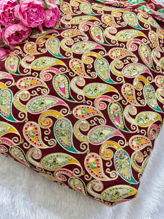 👗LUXURY NATURAL CRAPE  FLORAL PRINT  EMBROIDERY WITH SEQUINS 44 INCH  WIDTH MAROON