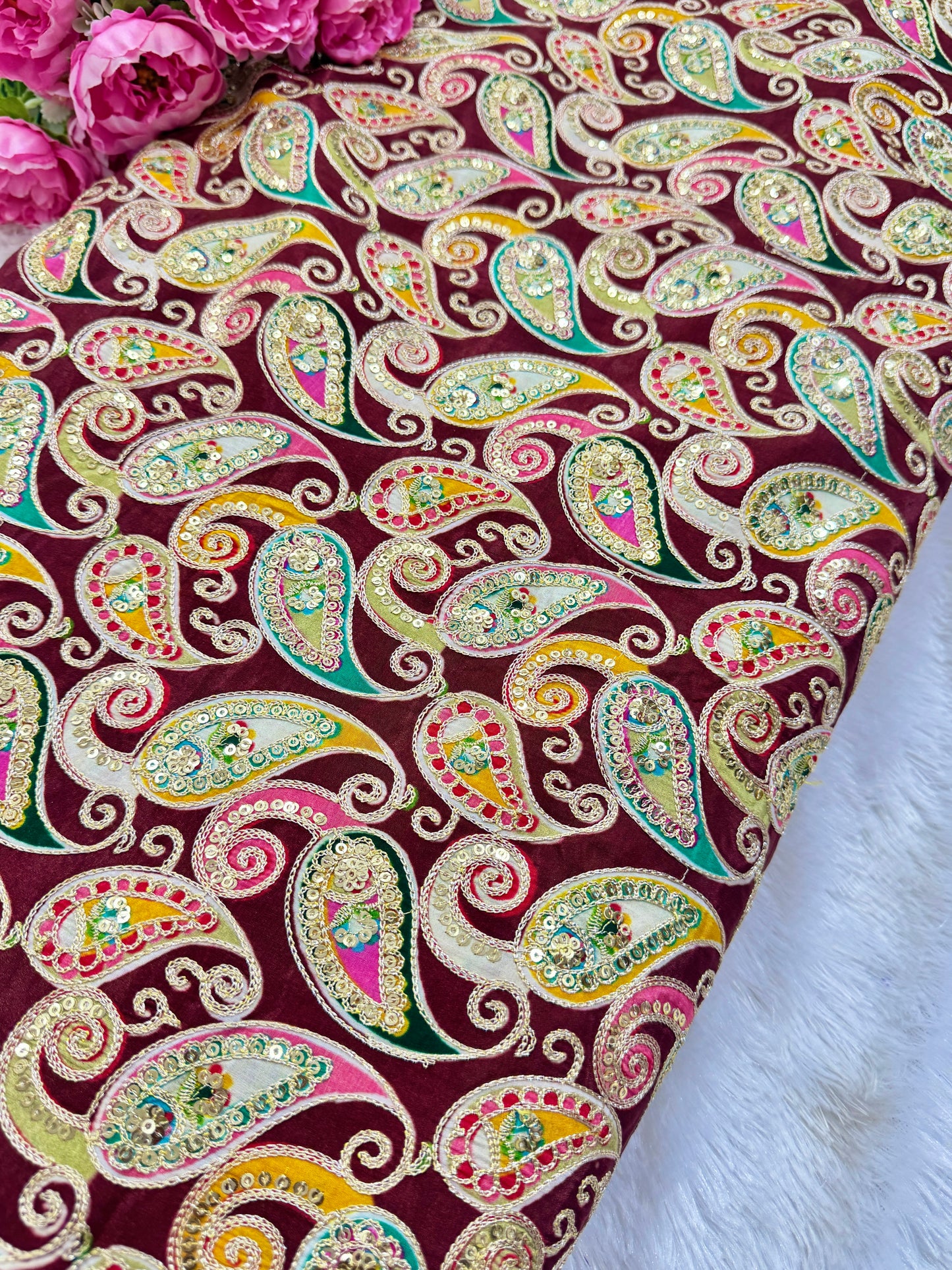 👗LUXURY NATURAL CRAPE  FLORAL PRINT  EMBROIDERY WITH SEQUINS 44 INCH  WIDTH MAROON