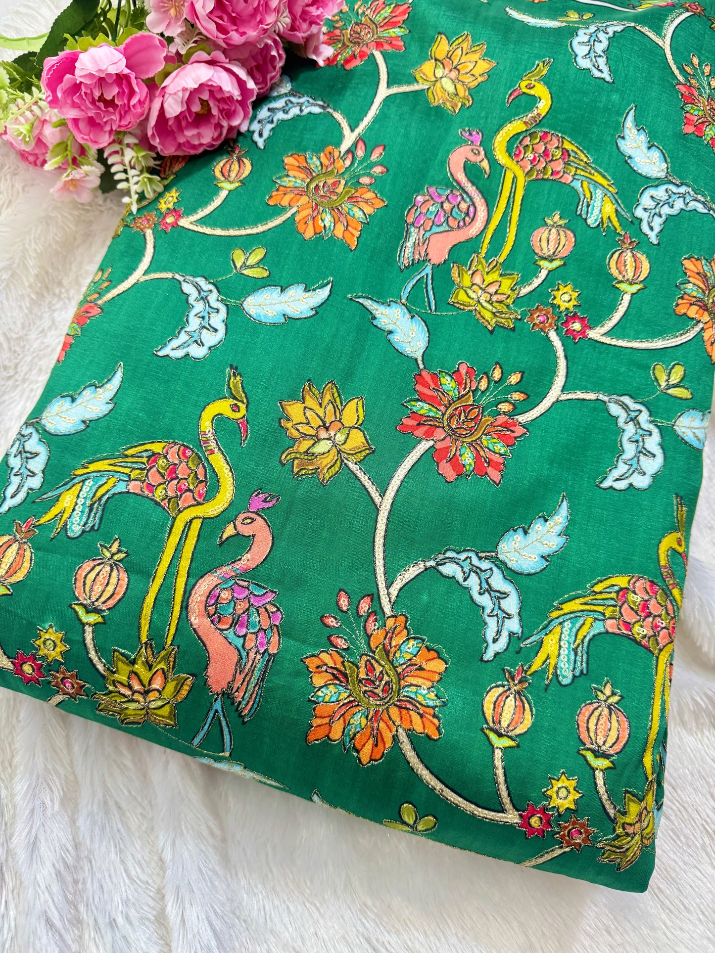 Pure chenon kalamkari animals design🦩 with position print width 44 blouse , lehanga, frock , 👗 👚
