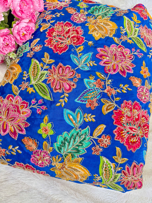 👗LUXURY NATURAL CRAPE  FLORAL PRINT  EMBROIDERY WITH SEQUINS 44 INCH  WIDTH blue