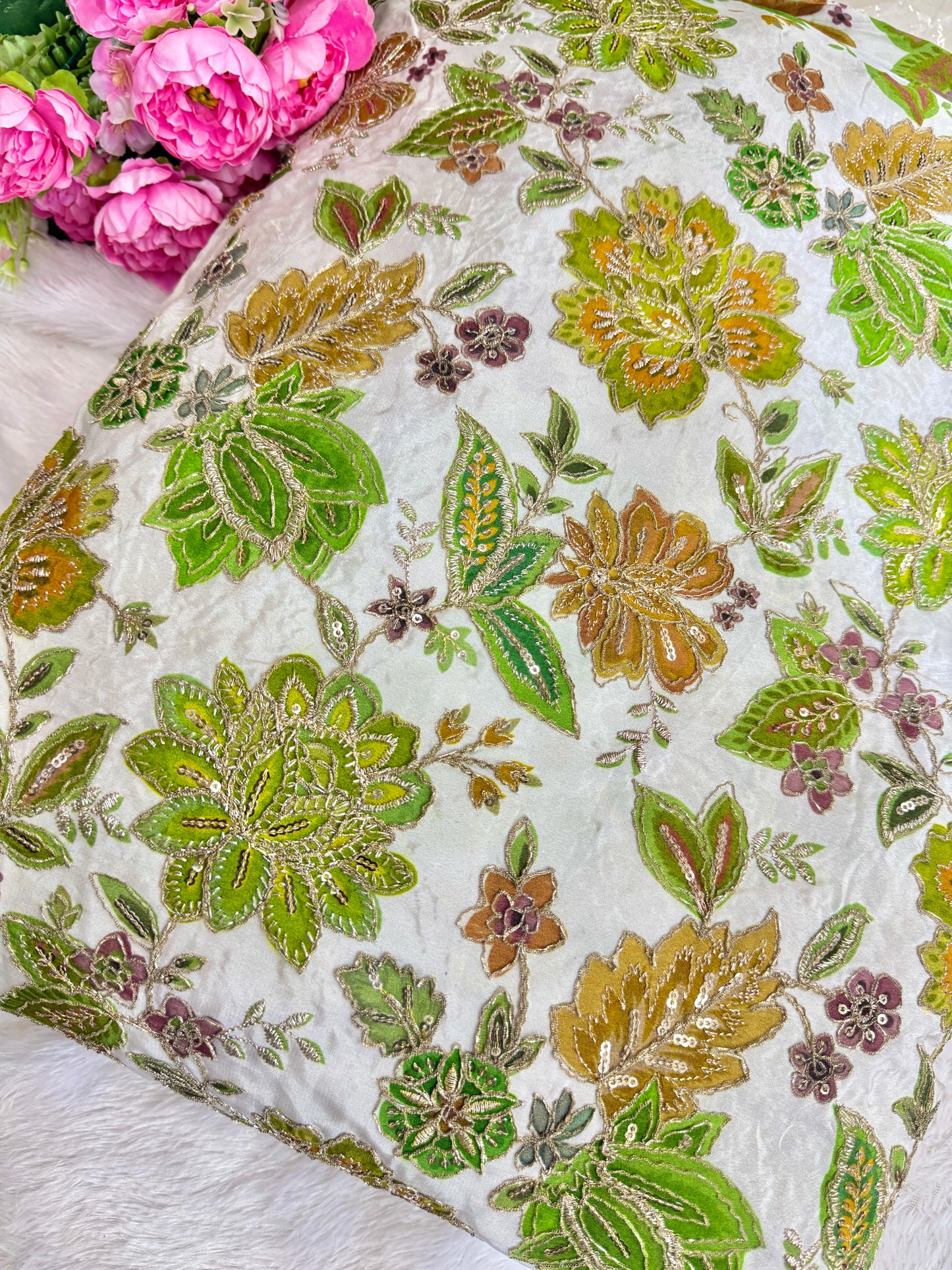 👗LUXURY NATURAL CRAPE  FLORAL PRINT  EMBROIDERY WITH SEQUINS 44 INCH  WIDTH PARROT GREEN WITH WHITE BASE