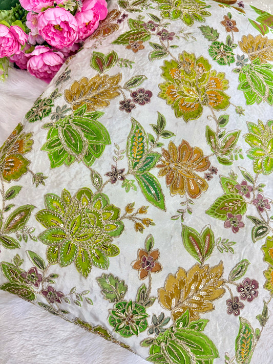 👗LUXURY NATURAL CRAPE  FLORAL PRINT  EMBROIDERY WITH SEQUINS 44 INCH  WIDTH PARROT GREEN WITH WHITE BASE