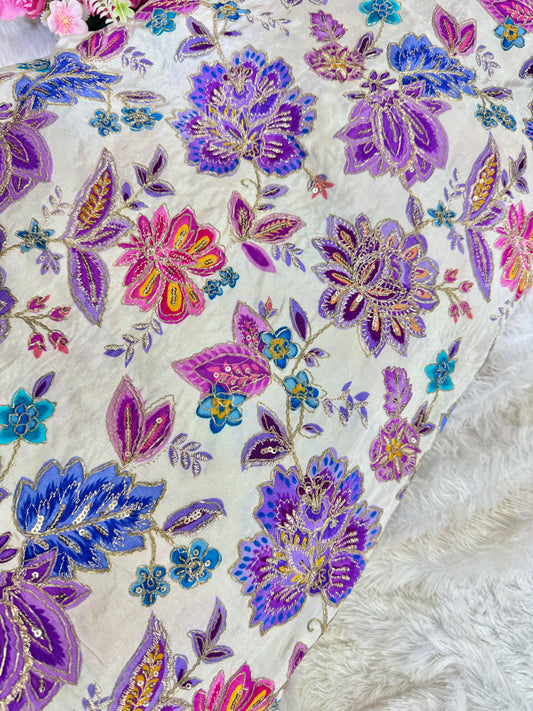 👗LUXURY NATURAL CRAPE  FLORAL PRINT  EMBROIDERY WITH SEQUINS 44 INCH  WIDTH  LAVENDER