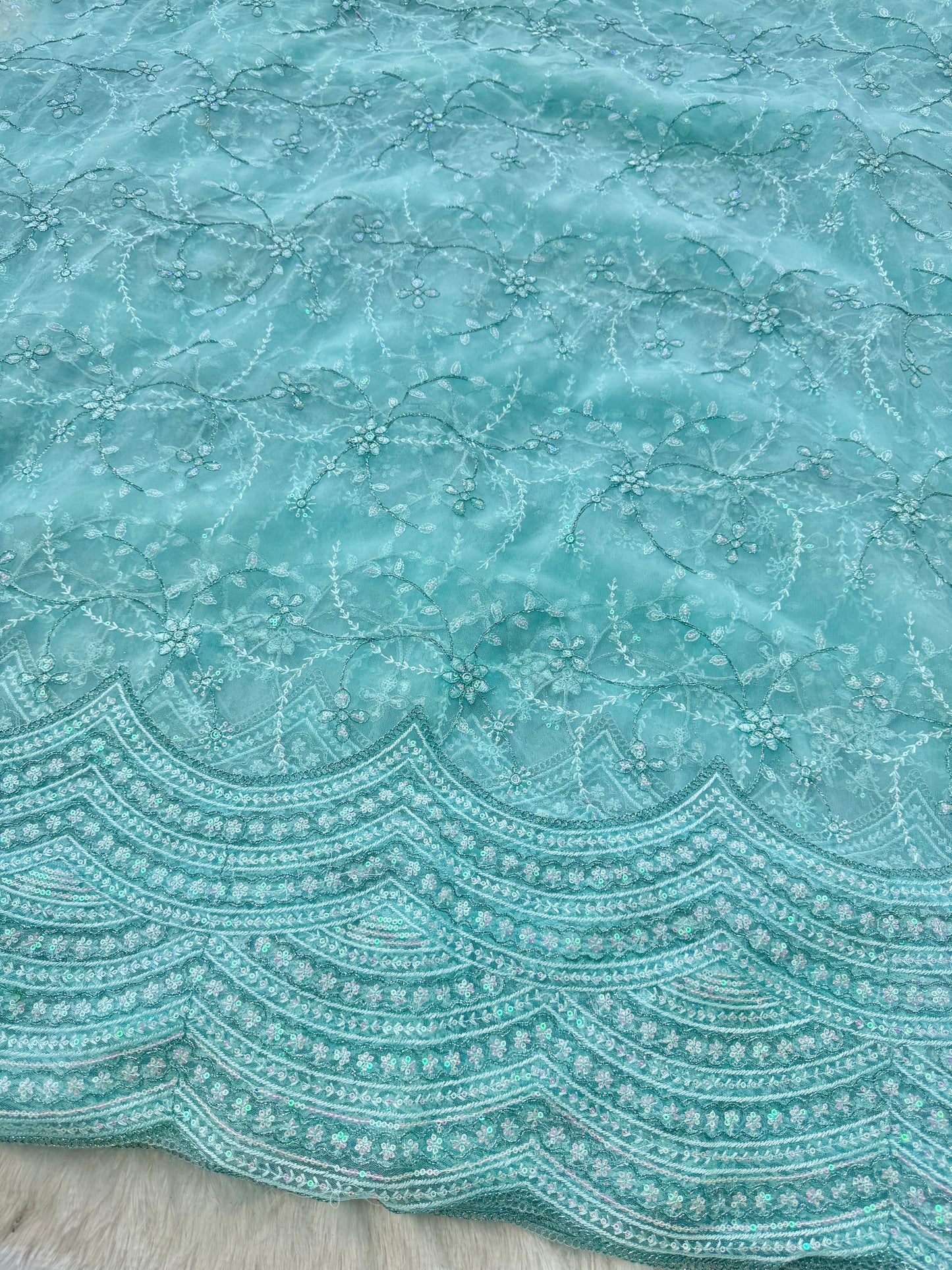 👗🥻Premium fancy 💫net coding work with sequins cut work border🥹for perfect dreamy outfits! 💕 44-45 inch width  sky blue