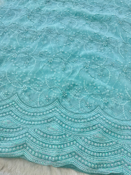 👗🥻Premium fancy 💫net coding work with sequins cut work border🥹for perfect dreamy outfits! 💕 44-45 inch width  sky blue