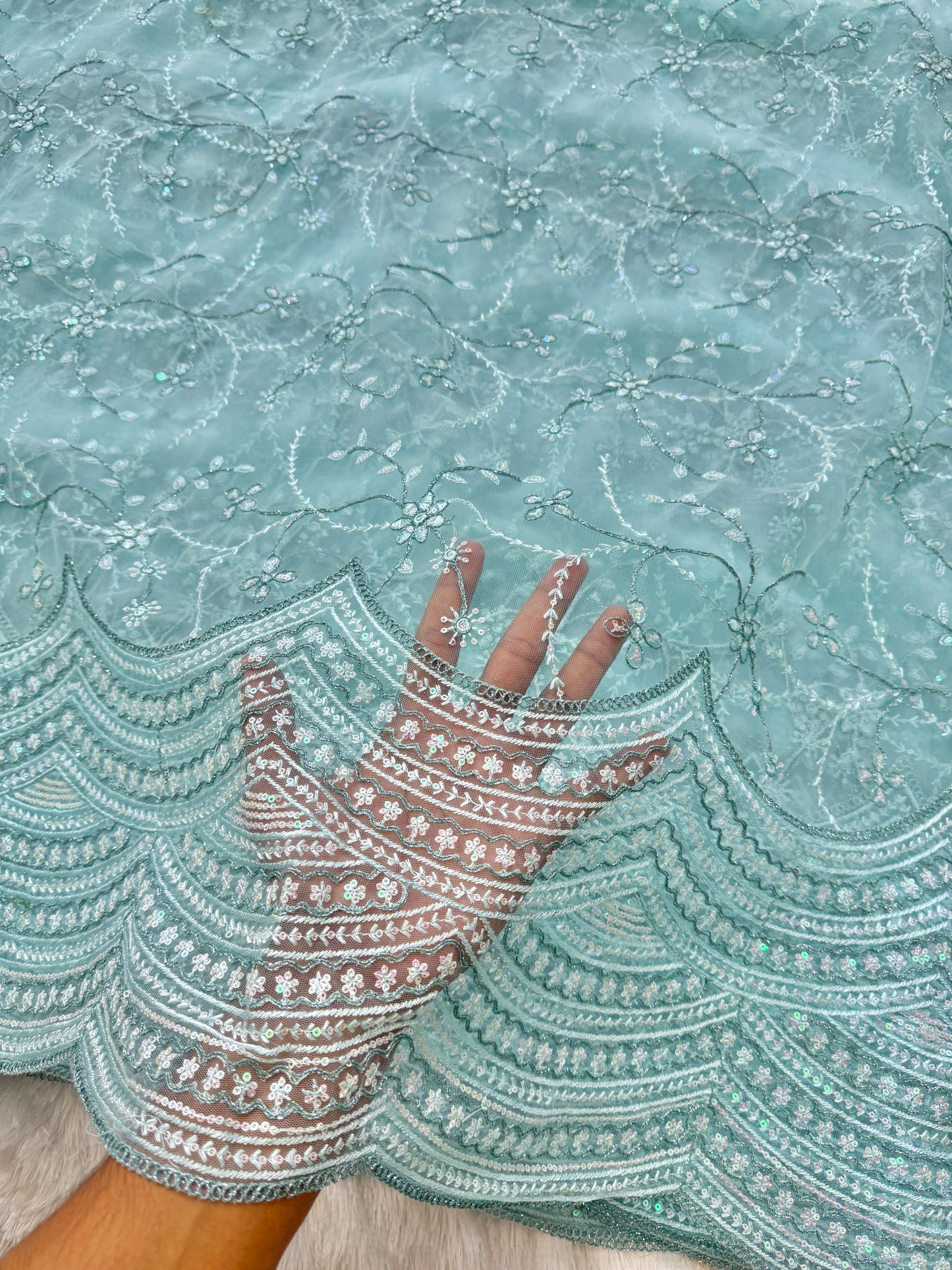 👗🥻Premium fancy 💫net coding work with sequins cut work border🥹for perfect dreamy outfits! 💕 44-45 inch width  sky blue