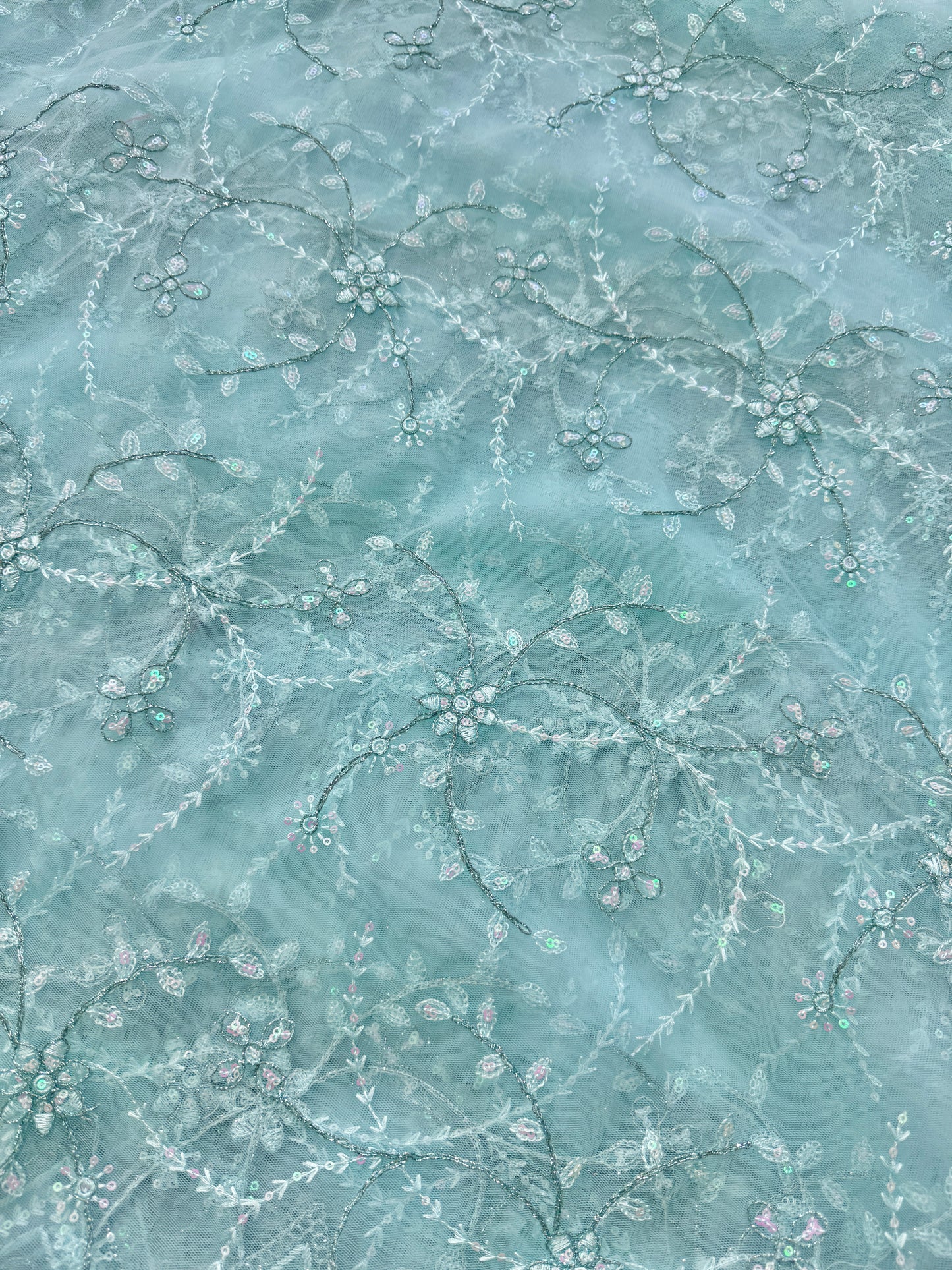 👗🥻Premium fancy 💫net coding work with sequins cut work border🥹for perfect dreamy outfits! 💕 44-45 inch width  sky blue