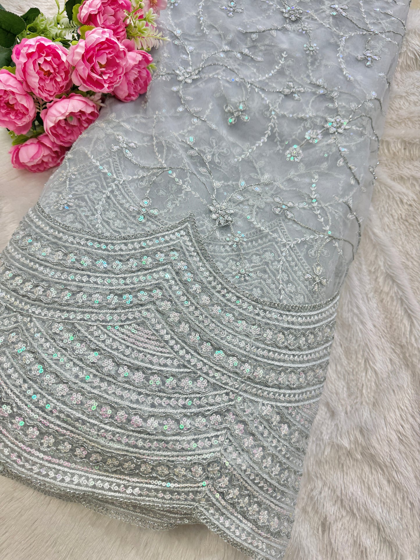 👗🥻Premium fancy 💫net coding work with sequins cut work border🥹for perfect dreamy outfits! 💕 44-45 inch width