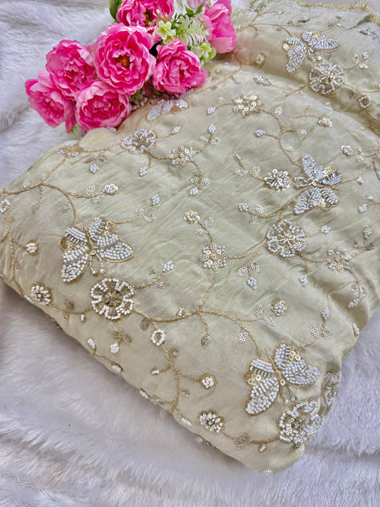 👗ZARI TISSUE HANDWORK WITH BUTTERFLY DESING  EMBROIDERY 44-45  INCH WIDTH (DYBLE ) ✅