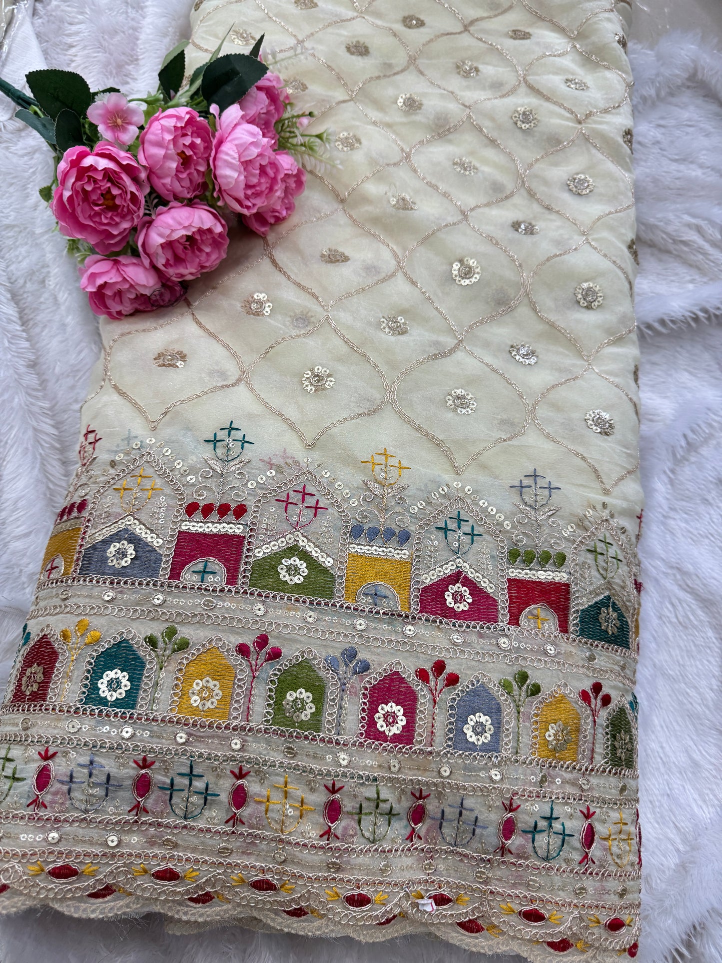Beautiful Fendy fabrics with multi embroidery work 🎨44inch width half white