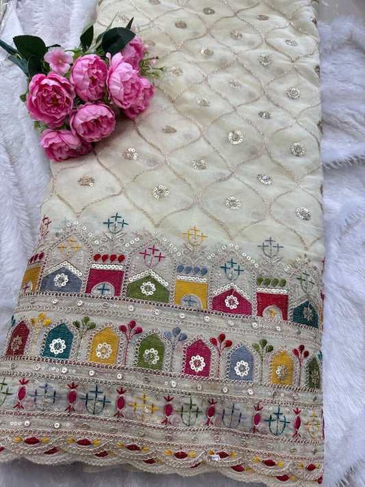 Beautiful Fendy fabrics with multi embroidery work 🎨44inch width half white