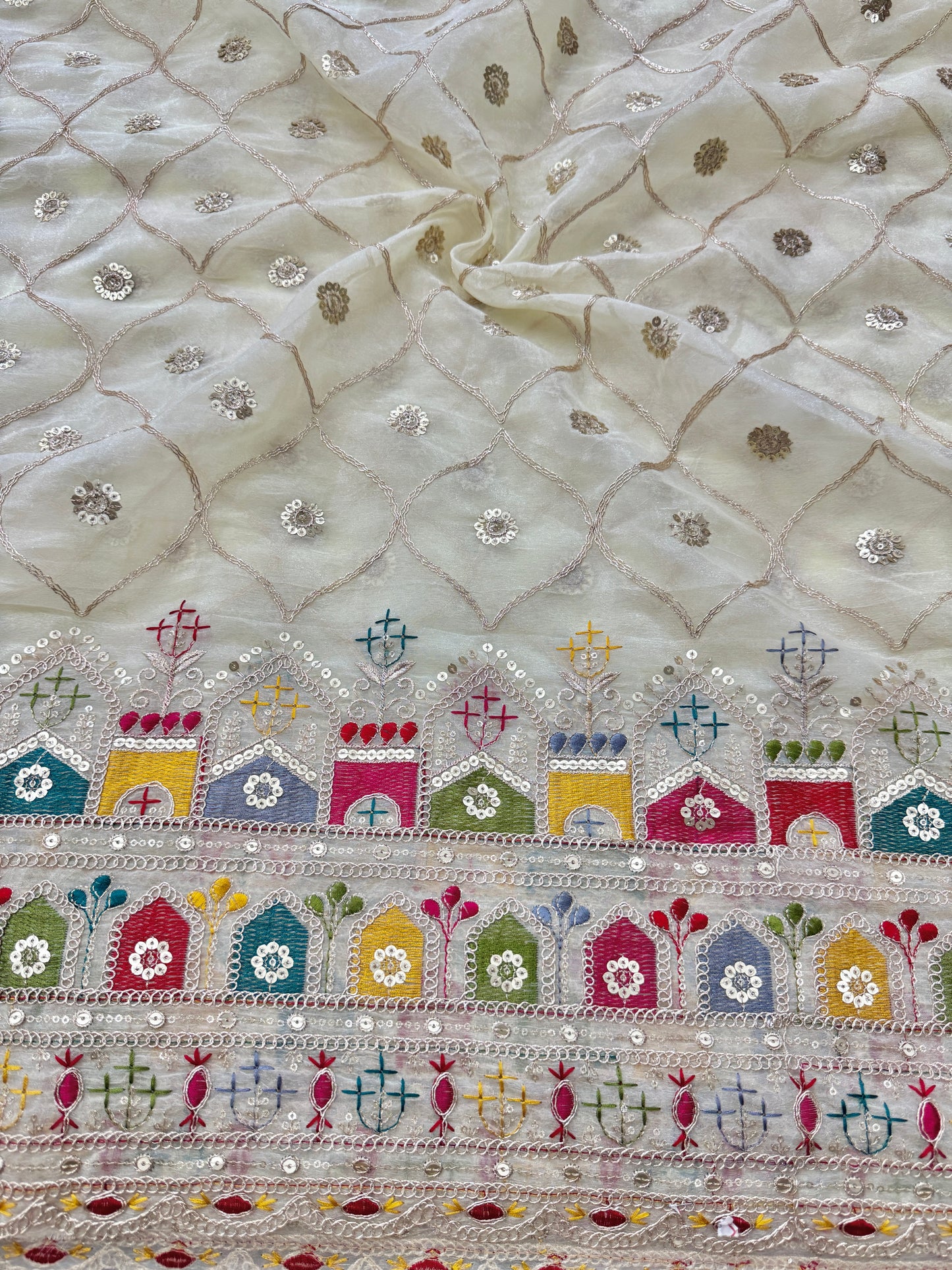 Beautiful Fendy fabrics with multi embroidery work 🎨44inch width half white