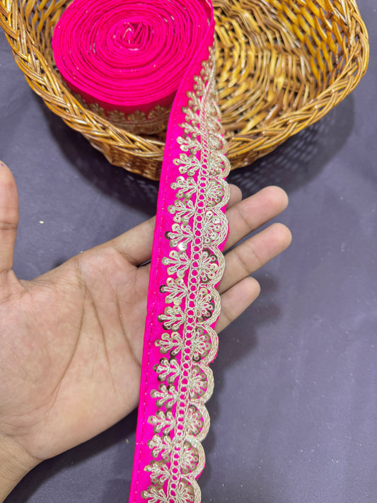rawsilk fancy lace border with coding work sequence  (pack of 9 meter) bright pink